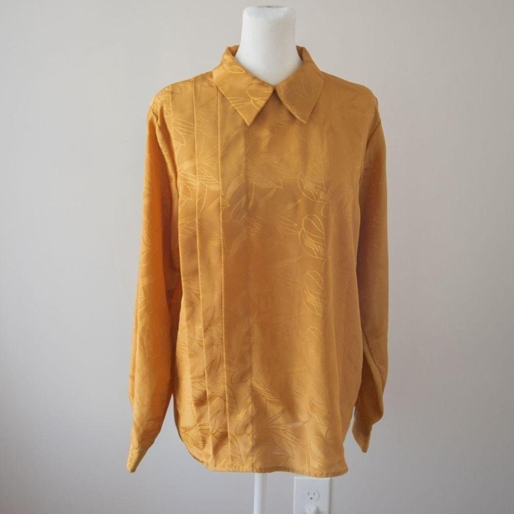 Gold Yellow Pleated Collared Retro Women's button down shirt
